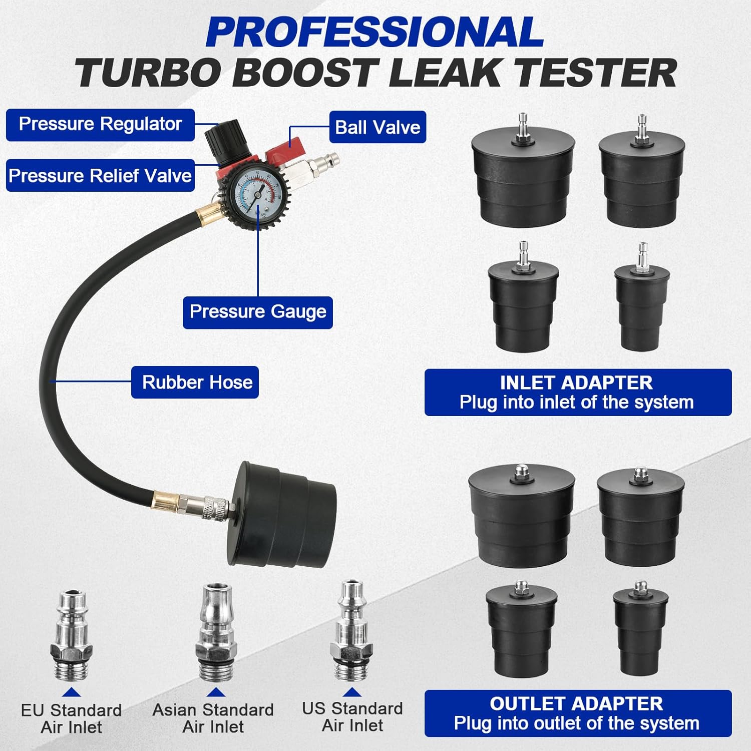 DASBET Turbo System Leakage Tester Kit, Turbo Boost Leak Tester Set with 4 Pairs of Stepped Adapters 1-3/8" to 3-1/2", Turbo Pressure Leakage Tester for Cooling Emissions Exhaust Pipes