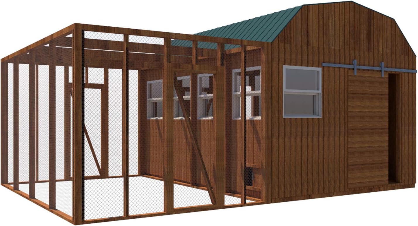 Chicken Coop Plans DIY Poultry Hen House with Run Kennel 12 x 16 Build Your Own