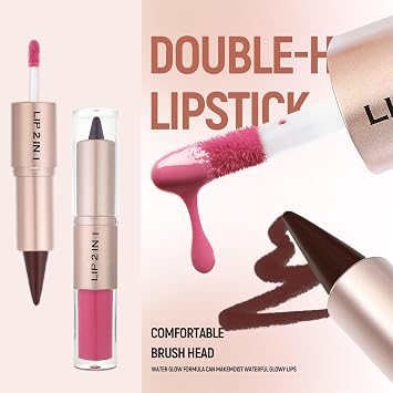 Double-Ended Pink Lipgloss Matte Brown Lip Liner Lipstick, 2-in-1 Glossy Liquid Lip Stick, Hydrating Lipgloss Makeup Tinted Lip Balm Stain, Gift for Women