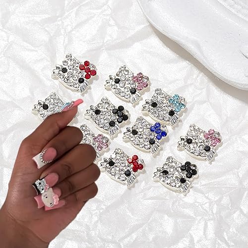 Miniatura 5 de 18 dijes de aleación brillante Kawaii 3D para arte de uñas, diamantes de imitación plateados para uñas acrílicas, lindo gato con lazo colorido,