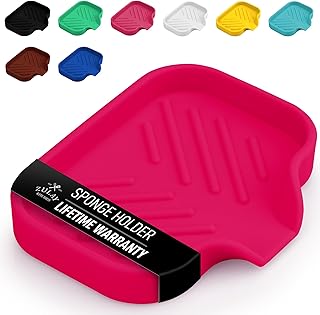 Zulay Kitchen Small Silicone Sponge Holder (4.9x3.3”) – Space-Saving Sink Organizer Tray for Sponge, Soap, Brush & More – Compact Non-Slip Dish for Kitchen & Bathroom (Dragon Fruit)