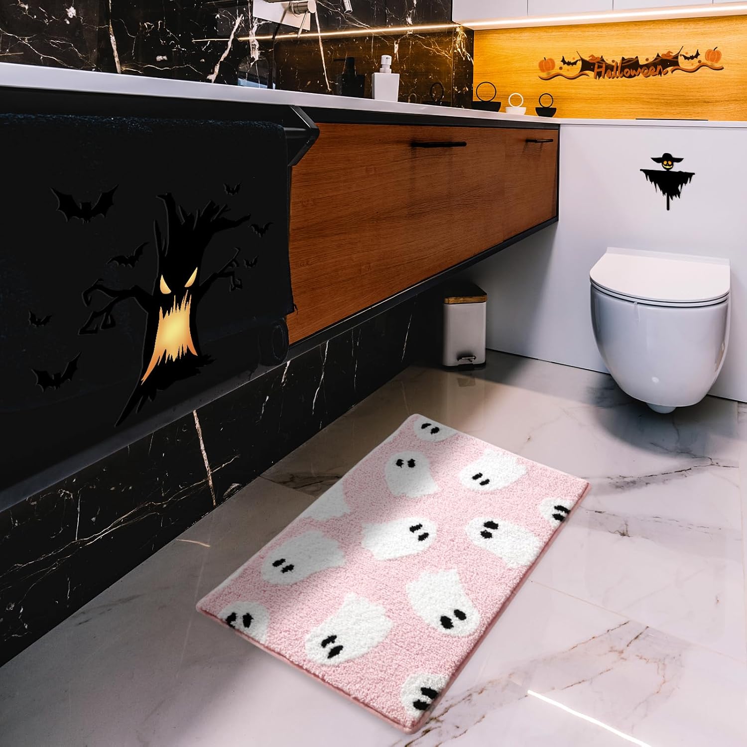 Ghost Bathroom Rug 20x32 Inch Pink, Soft and Absorbent Tufted Halloween Bath Mat Non Slip Washable, Halloween Bathroom Decor Rug Holiday Decorations