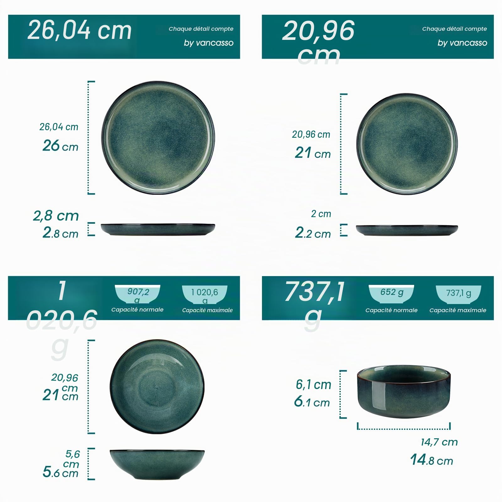 vancasso Série STARRY Service de Table 24 Pièces en Grès, Service Vaisselle 6 Personnes, avec 6 Assiettes Plates, 6 Assiettes à Dessert, 6 Bols à pâtes, 6 Bols à Céréales, Vert à Émail Réactif