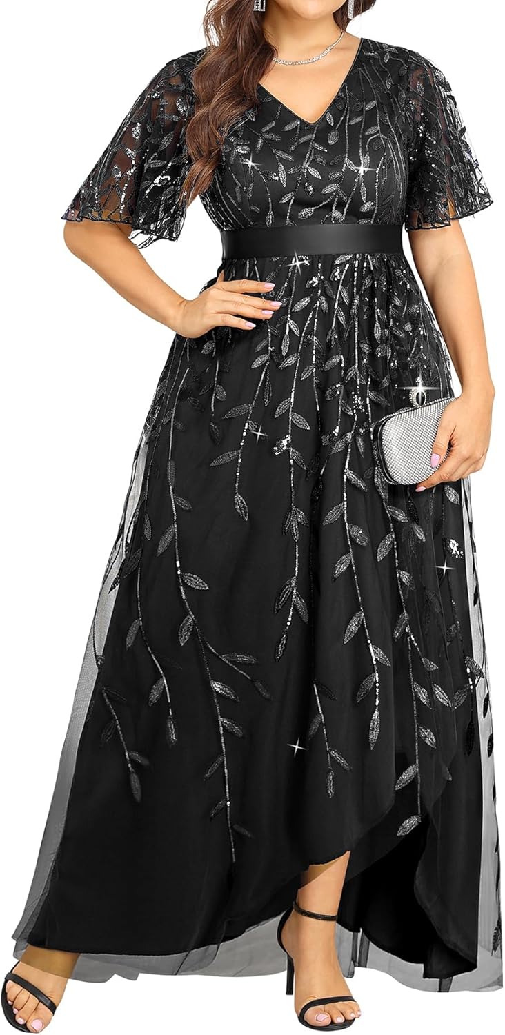 Pinup Fashion Plus Size Formal Dresses - Evening Gowns Sequin Embroidery V-Neck Prom Long Dress with Slit