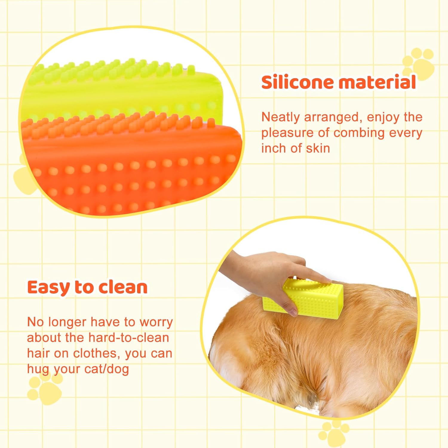 2 Brosses Poils d’Animaux en Silicone – Bloc Nettoyage Canapé, Tapis, Literie – Réutilisable, Doux pour les Tissus et Massage Animaux (Jaune & Orange, 12,5x5x5cm) - Description