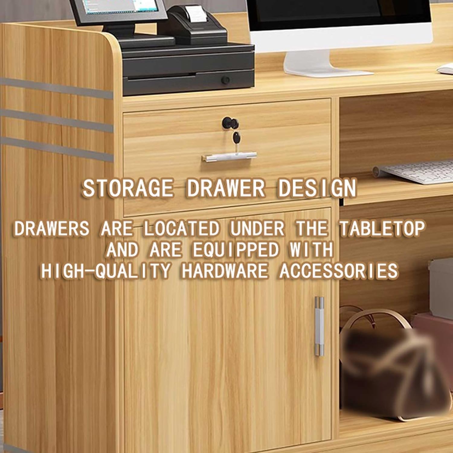 Reception Desk for Spaces with Lockable Drawer, Compact Office Counter Desk Counter Modern Front Lockable Drawers,Modern Reception Desk with Lockable Drawers, Storage Cabinets, and Shelves -