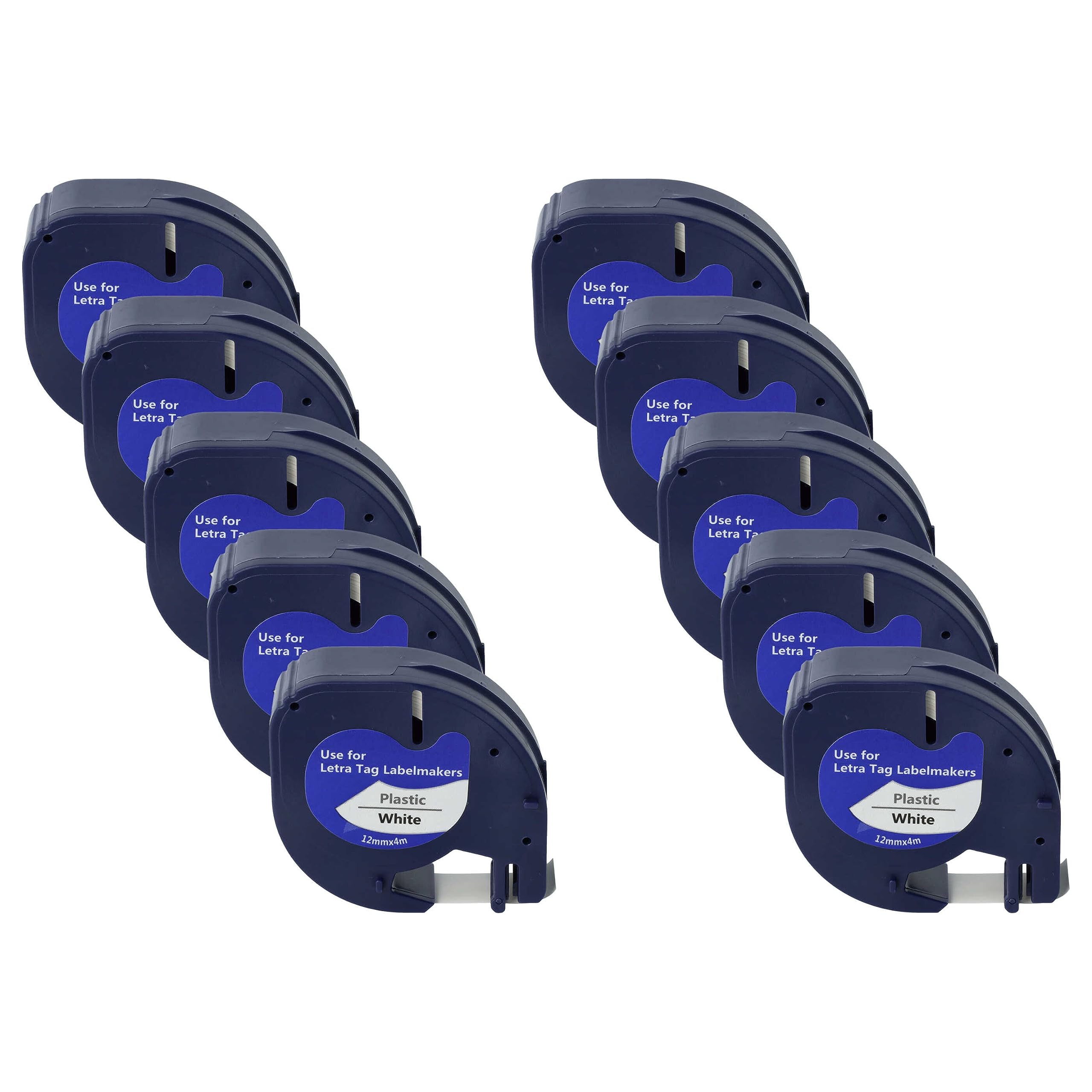 vhbw 10x Schriftband-Kassette Plastik kompatibel mit Dymo LetraTag LT-100H | LT-100T, QX50, XR, 200B Etiketten-Drucker 4m x 12mm Schwarz auf Weiß
