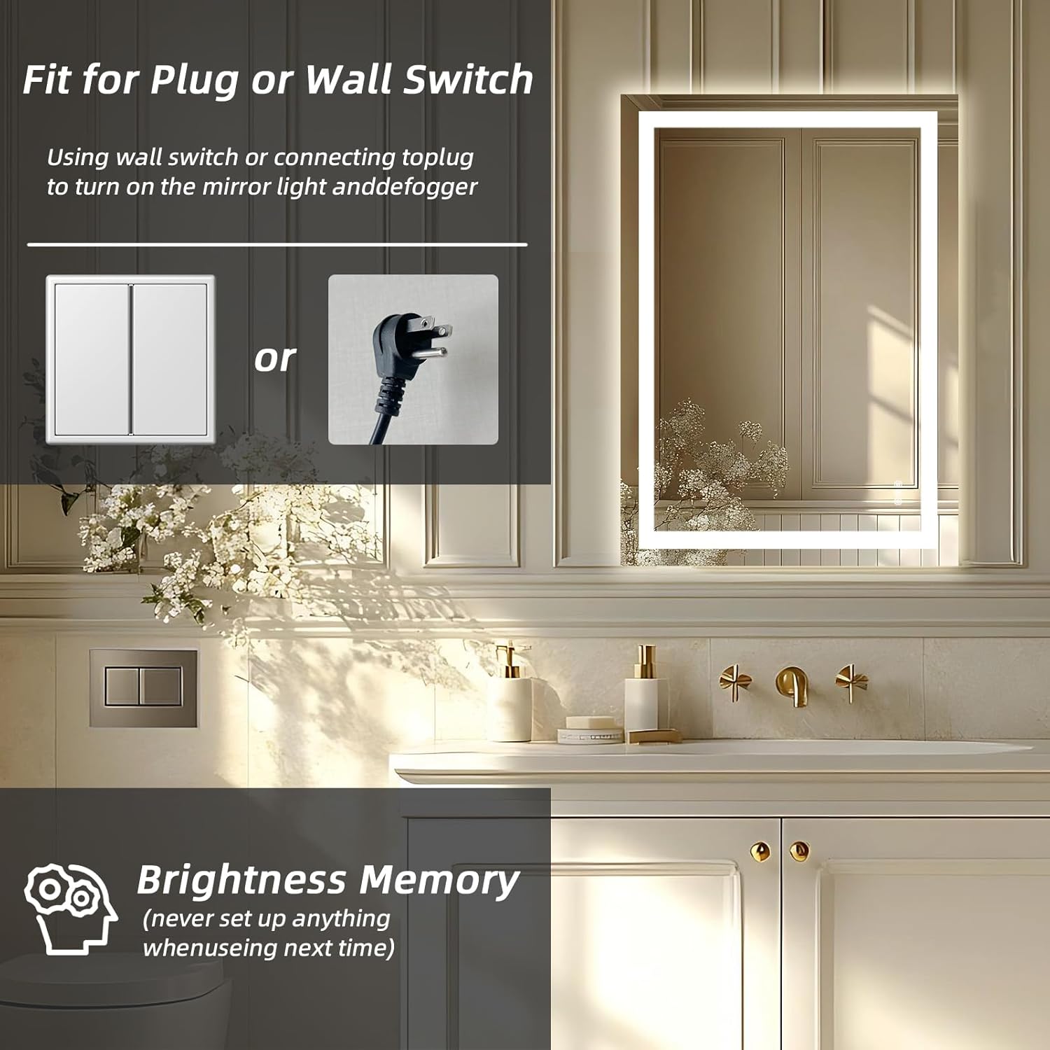 LED Bathroom Vanity Mirror 28x36 with Front and Backlight, Wall Vanity Mirror Stepless Dimmable, Anti Fog Memory Mirrors for Over Sink，Double Smart Mirror for Bathroom