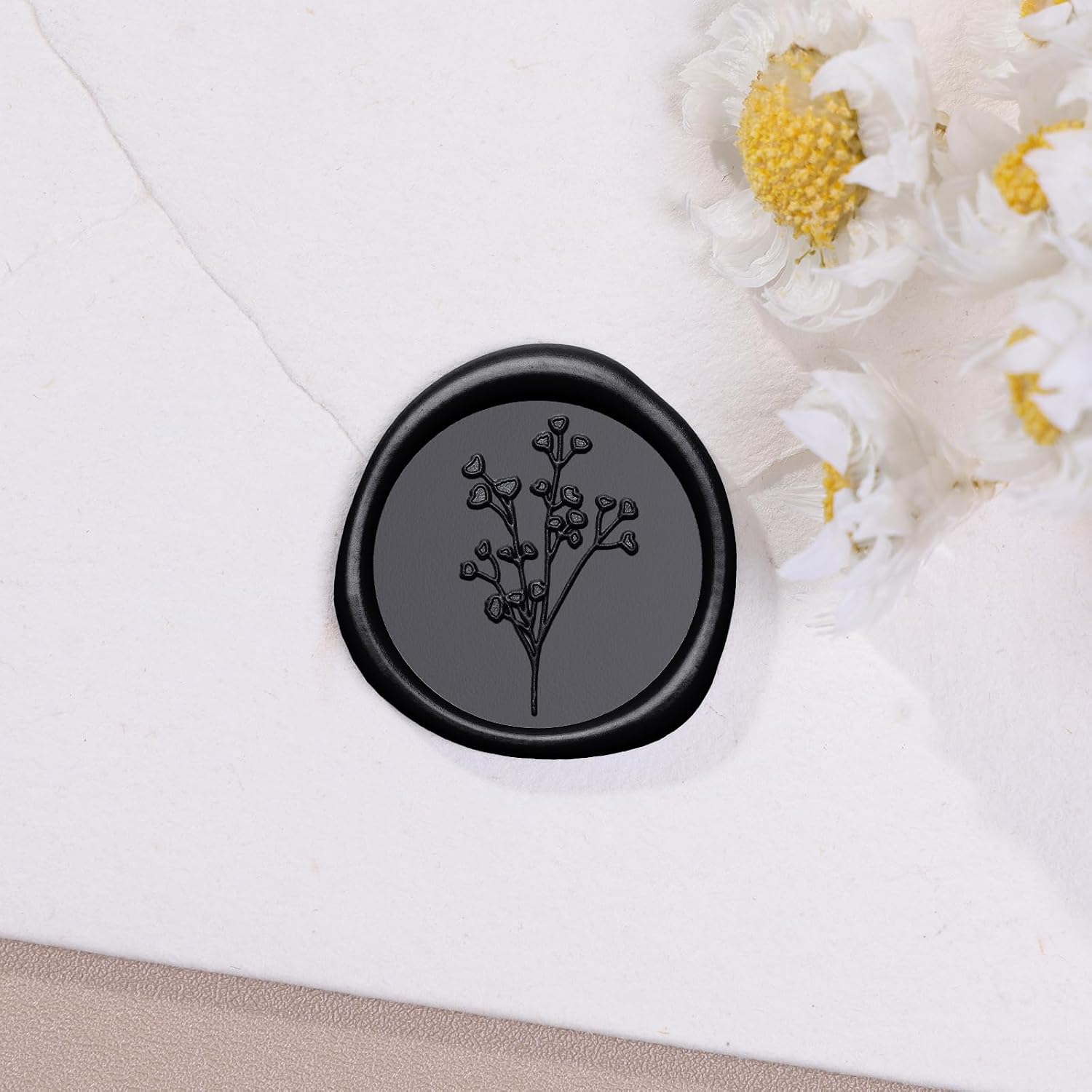 UNIQOOO Wax Seal Stickers - Baby‘s Breath Wedding Invitation Envelope Seal Stickers, Botanical 50 Pcs Self- Adhesive Black Stickers, Perfect for Invitation, Gift Wrapping, Crafts