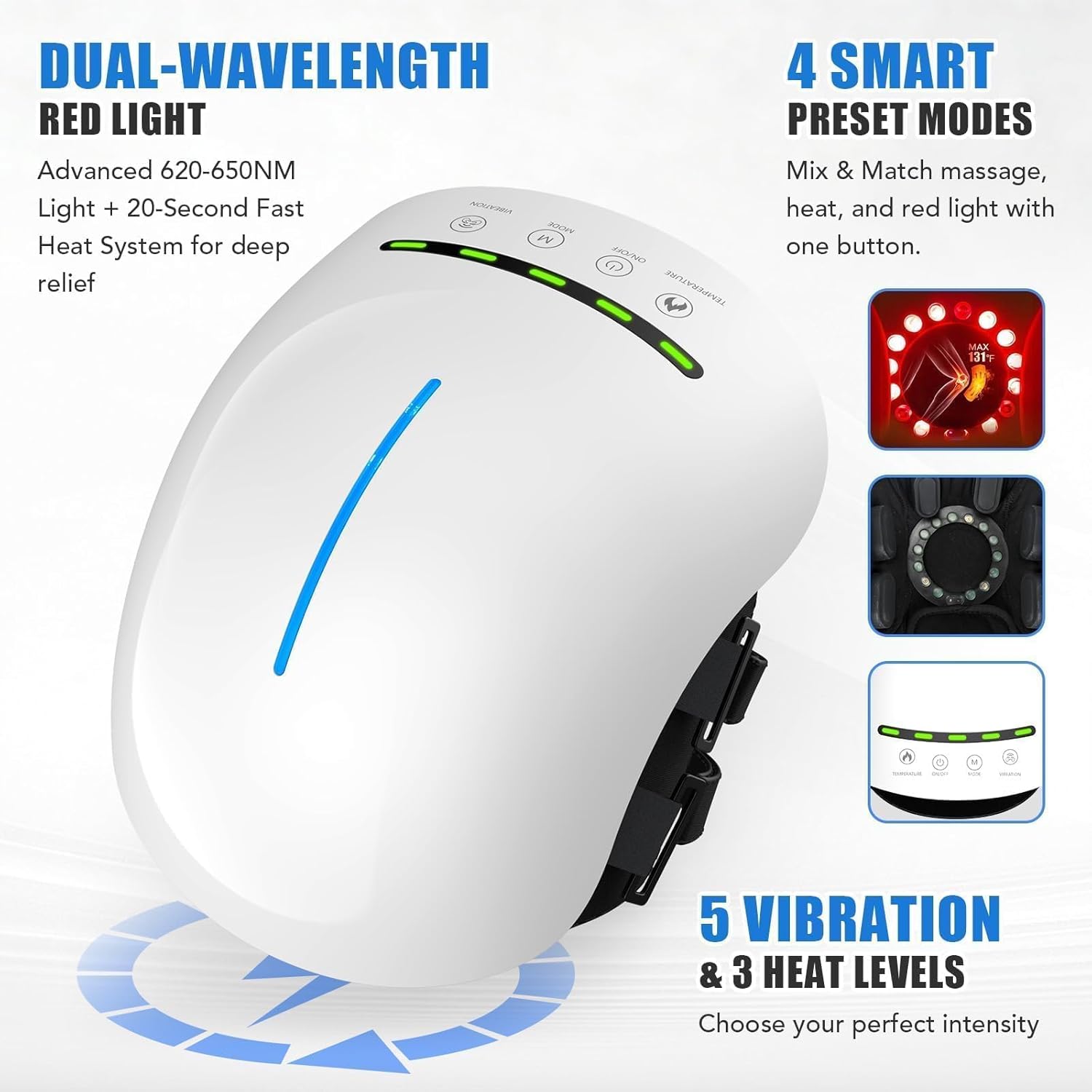 Knee Massager for Pain Relief with Heat and Red Light, 5 Vibration Modes & 3 Heating Levels, 4 Smart Modes, 6 Silicone Kneading Nodes, Ideal Gift for Men Women & Parents, White