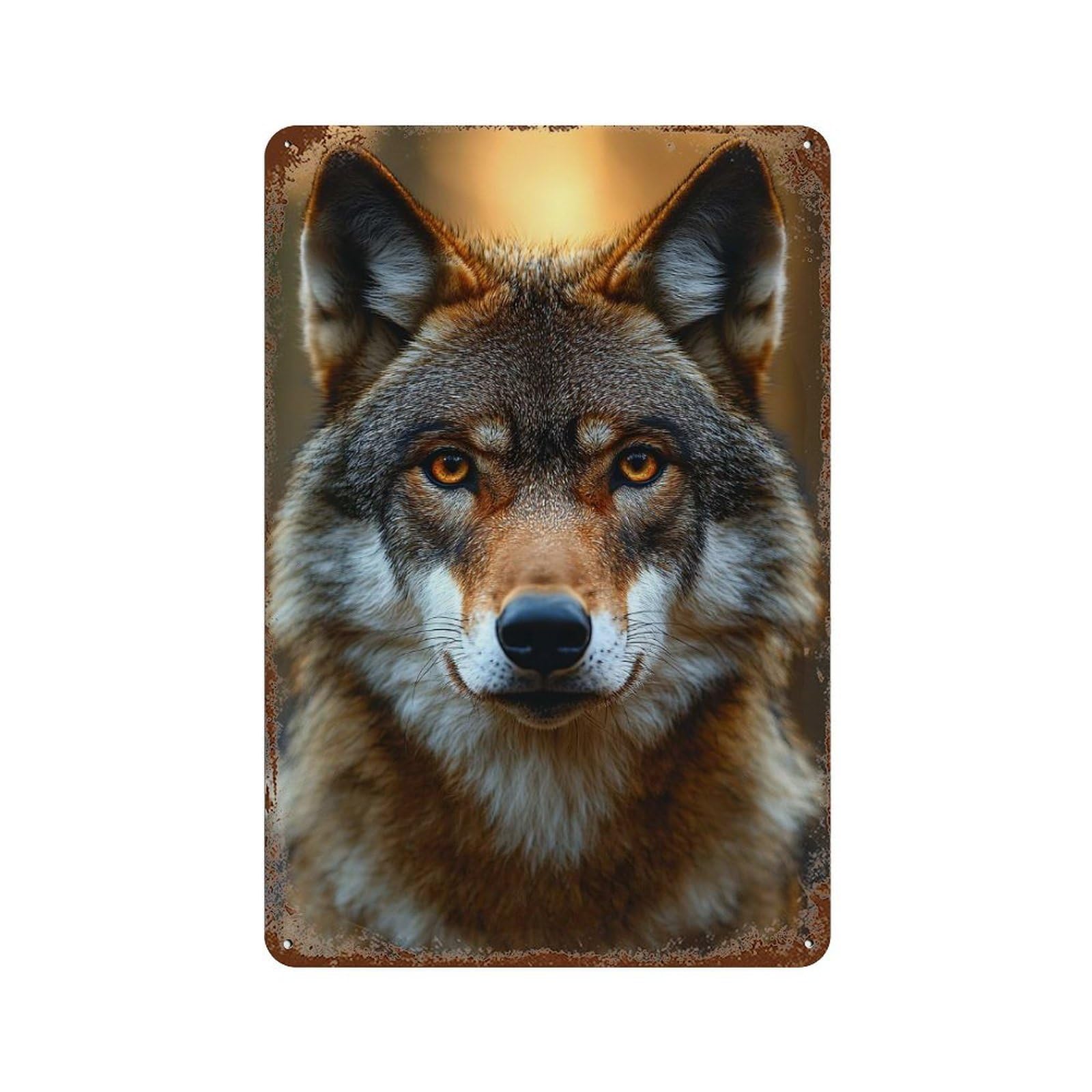 Wolf Portrait with Intense Gaze 11.8"x7.9" Weathered Tin Sign, Shabby Chic Decor for Farmhouse, Kitchen And Entryway Decor