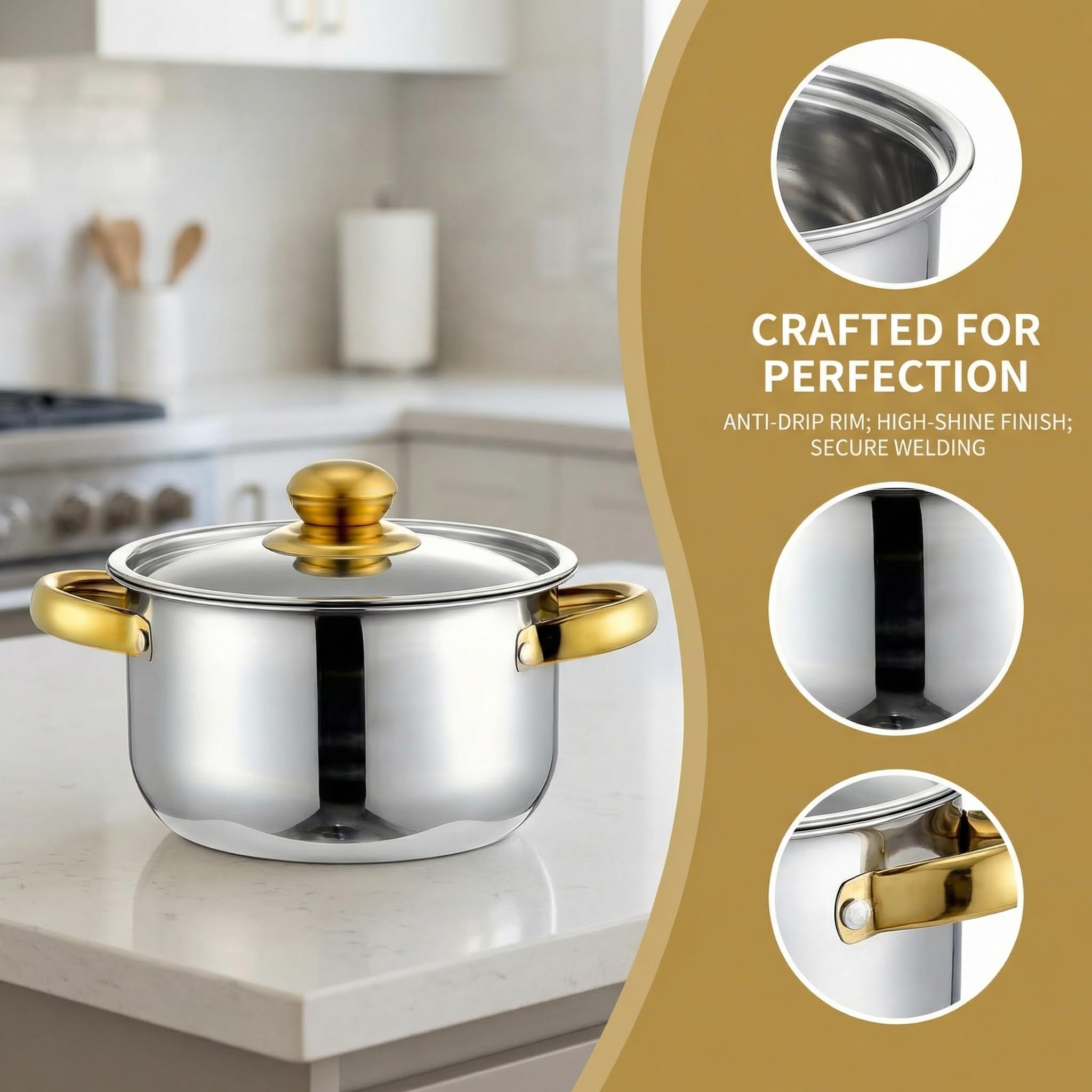 Set di pentole e padelle in acciaio inox – 5 pentole con 5 coperchi, 1 mestolo da zuppa, 1 cucchiaio scanalato, manici antiaderenti e fissi, senza PFOA per cucina Set di pentole