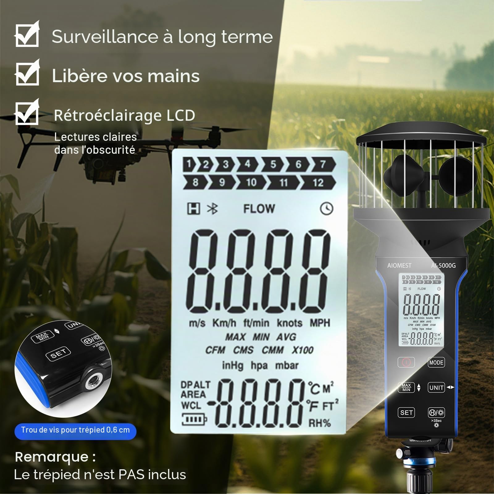 AIOMEST Anémomètre Numérique Portatif, 4 coupes 360° Wind Speed Meter, ±5% de Haute Précision Anémomètre avec Temp (℃/℉), MAX/AVG pour Tir, Voile, Surf, Drone, AI-5000G