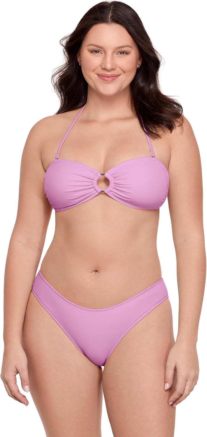 Aqua Green Women's Ring Front Bandeau Bikini Set with Molded Cups Removable Strap and Scoop Hipster Bottoms
