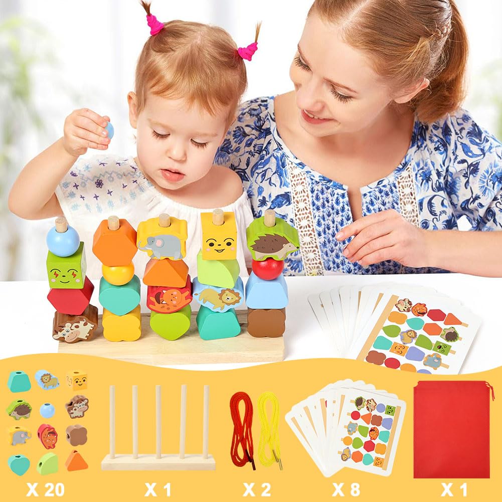 Układanie i nawlekanie drewna, Montessori Gry układane w stos,Edukacyjne Geometryczne Kolory Sortowanie Bloków,Gry Edukacyjne Dzieci 2 3 4 Lata,Dobra motoryczność