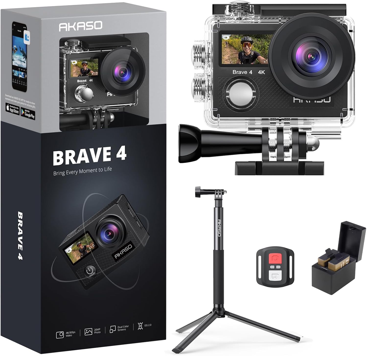 AKASO Brave 4 Action Camera with a 1.2M Selfie Stick and a Tripod Bundle