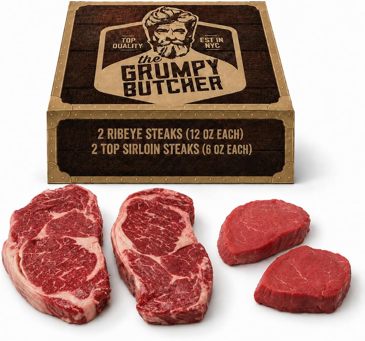 Grumpy Butcher Aged Ribeye & Top Sirloin Steak Gift Box, 4 Pack - USDA Prime or Top Third Angus Choice Beef Steaks, 2 Ribeye Steaks and 2 Top Sirloin Steaks With Fathers Day Gift Box Option - Ships Frozen