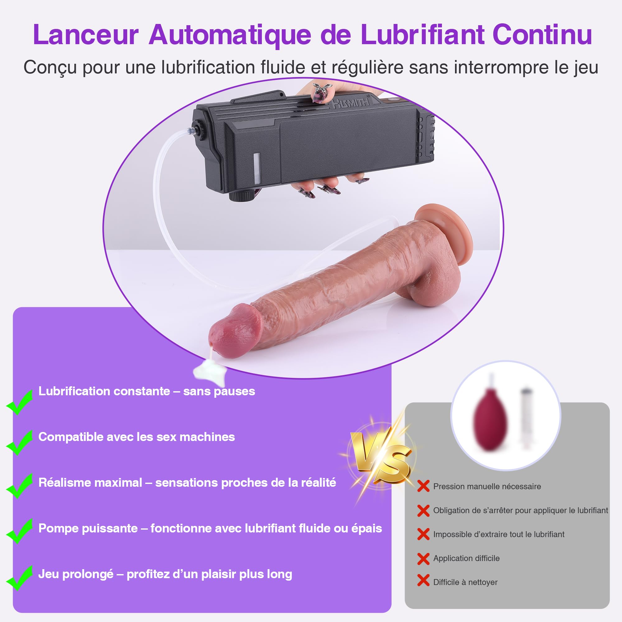 Hismith Godemichet Réaliste Giclant 26 cm avec Lanceur Automatique de Lubrifiant – Applicateur de Lubrifiant Compatible Sex Machines, Contrôle via Application, Godemichet en Silicone avec Ventouse