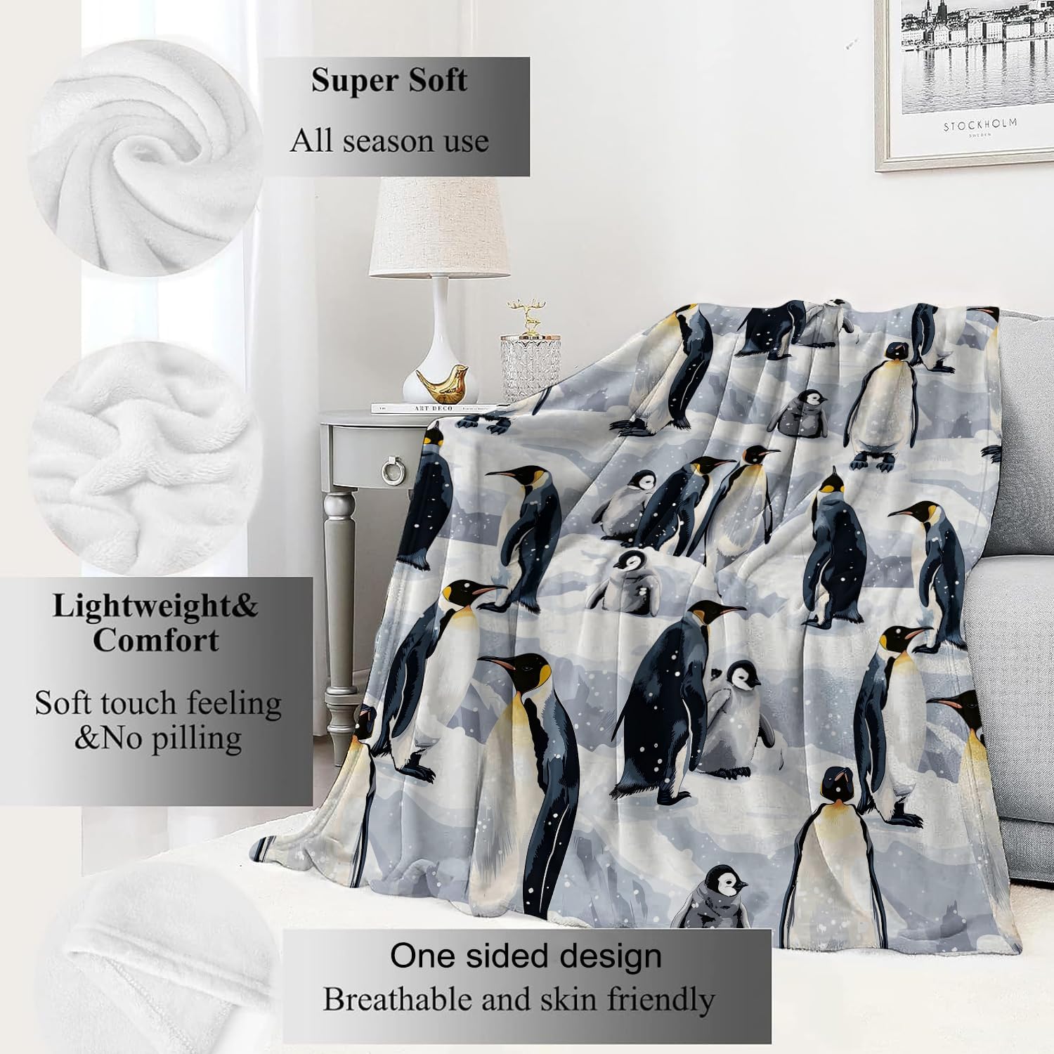 Penguin Blanket Cute Emperor Penguin Family Throw Blankets,Birthday Gifts for Kids Adult & Animal Lovers,Lightweight Soft Fleece Cozy for Sofa Couch Bed Room Travel Winter Decor 50x60in
