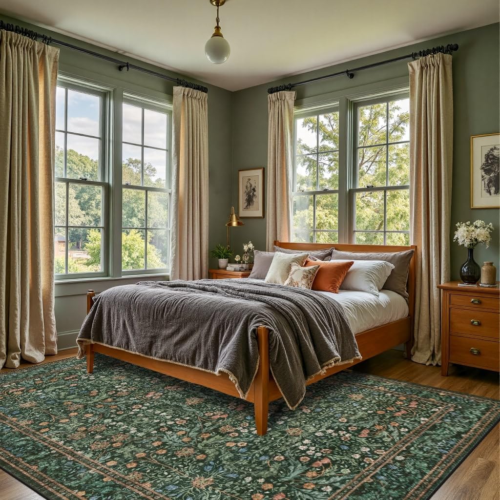 rugxara 8x10 area rugs for living room bedroom, large washable rug, green vintage floral boho rug, non slip & low pile faux wool thin carpet for indoor dining room and kids room(green 8x10ft) green 8' x 10' (rectangular)