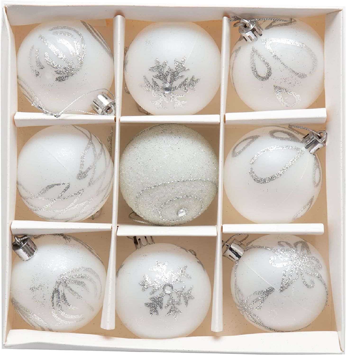 UKDD® Set of 9 Premium Baubles Luxury Christmas Tree Bauble Decorations Matte, Glitter, shiny Baubles (White) - Image 2