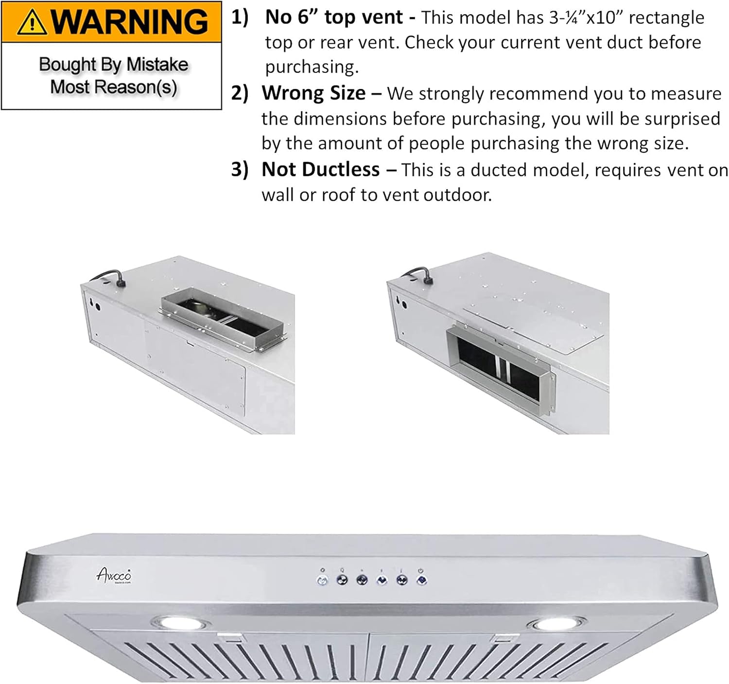 New Deal Awoco RH-R06 Rectangle Vent 6 High Stainless Steel Under Cabinet 4 Speeds 900CFM Range Hood with LED Lights (30W Rectangle Vent)