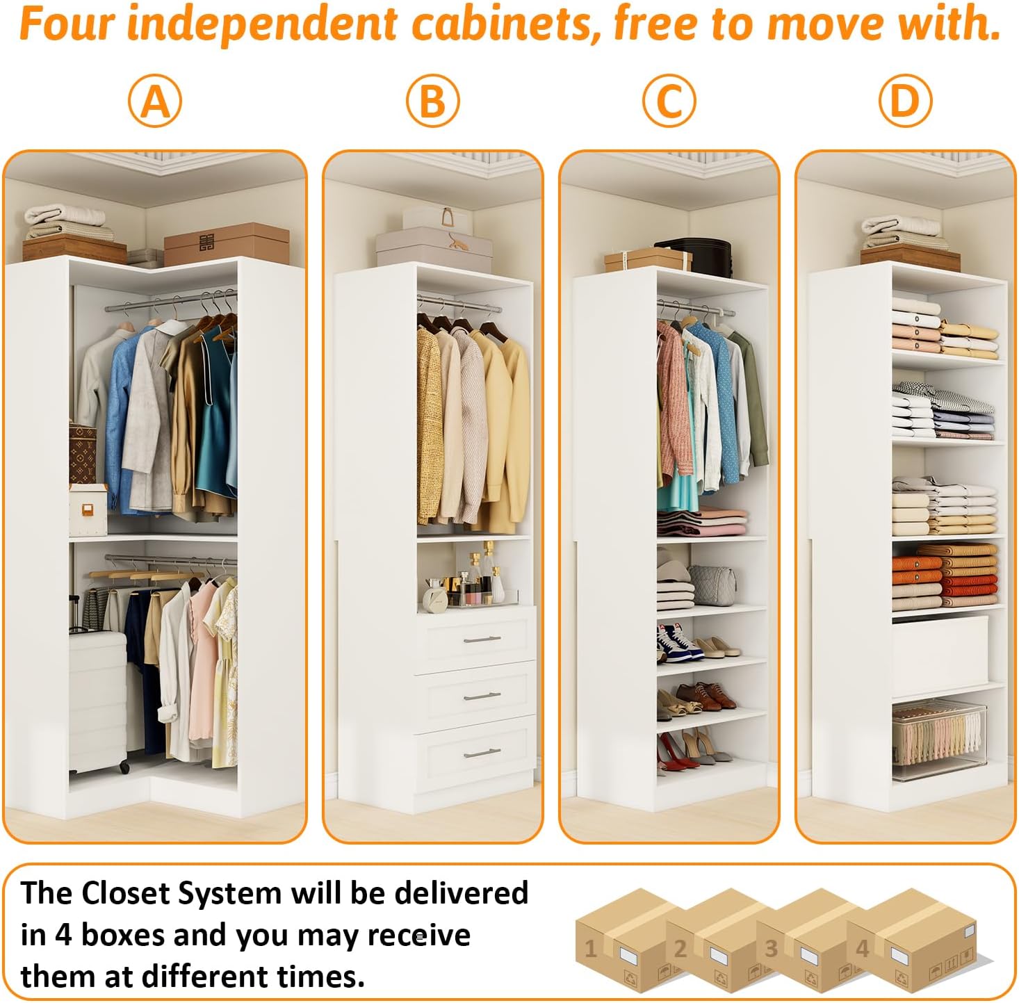 Closet System with 3 Drawers, 8FT Closet Organizer System with Adjustable Shelves & Expandable Hanging Rods, Corner Closet Storage Organizer, Modular Closet System for Walk-in Closet with 4 Sets,White