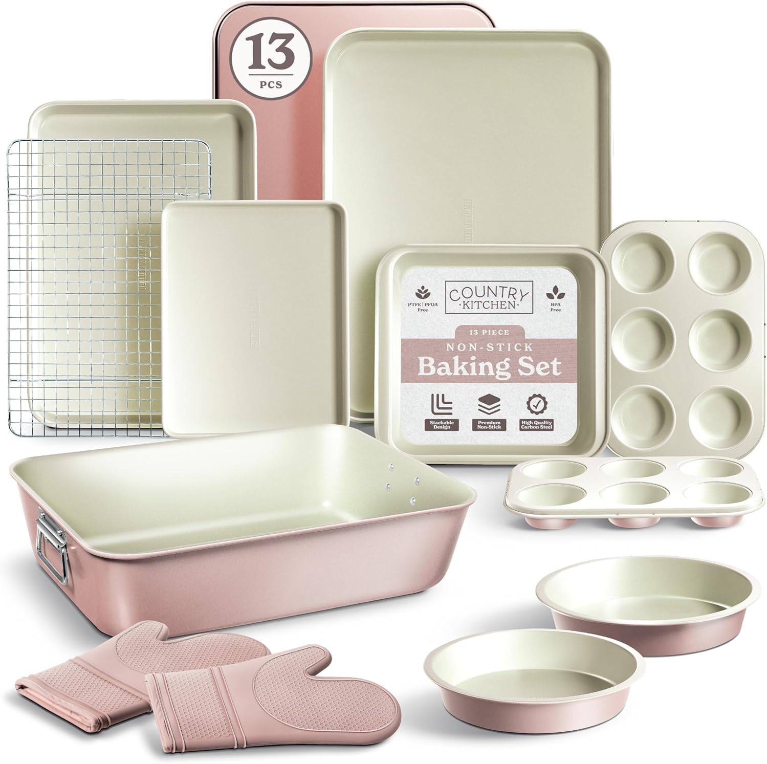 Country Kitchen Nonstick Stackable Bakeware Set - Deluxe Heavy Duty, Durable, Easy Release Baking Set, Pink, 13 Pcs with Handles