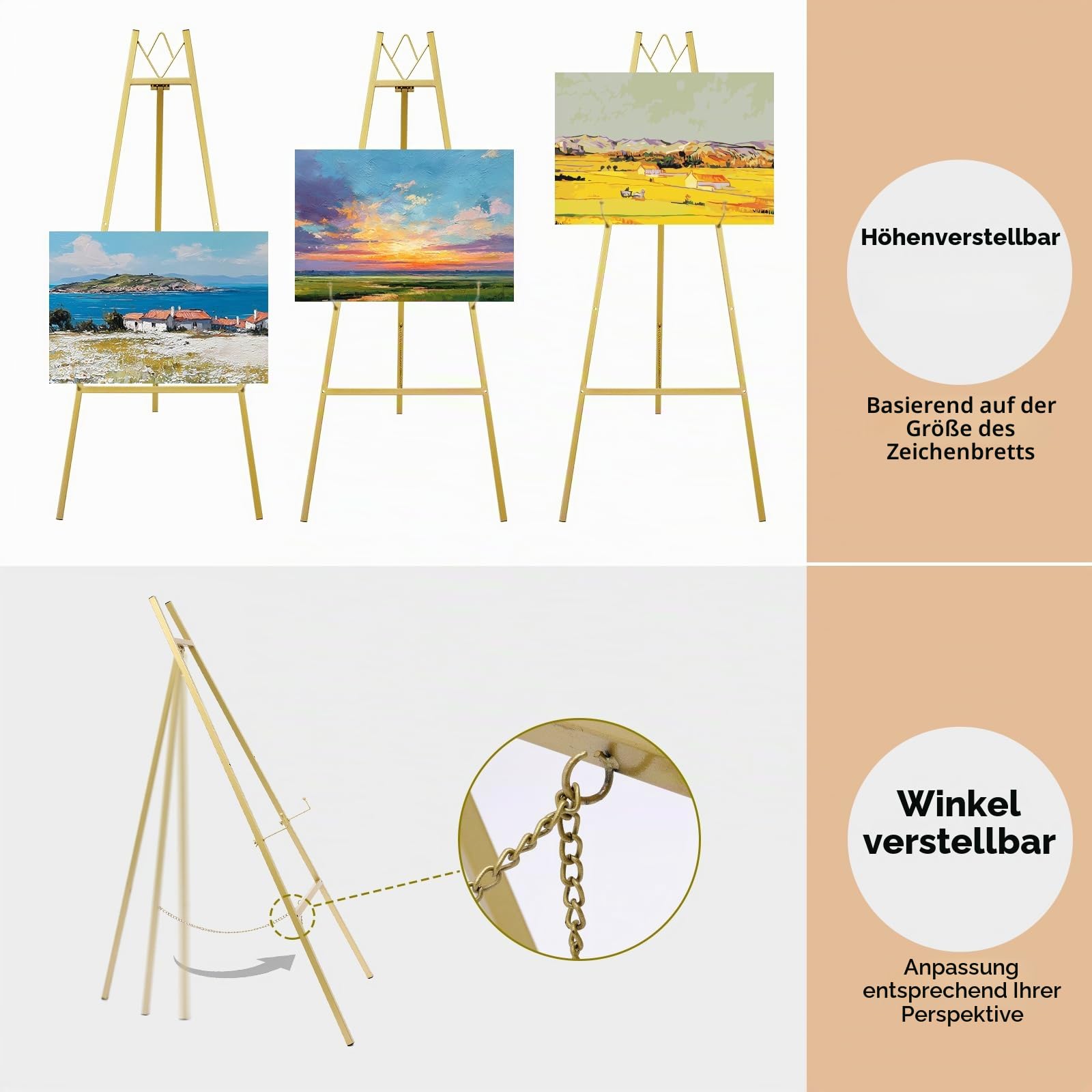 WATIHERE Goldener Staffelei-Ständer für Hochzeitsschilder, keine Montage erforderlich, verstellbar, stabiles Display für Kunst, Gemälde, Poster, Bilder und Heimdekoration