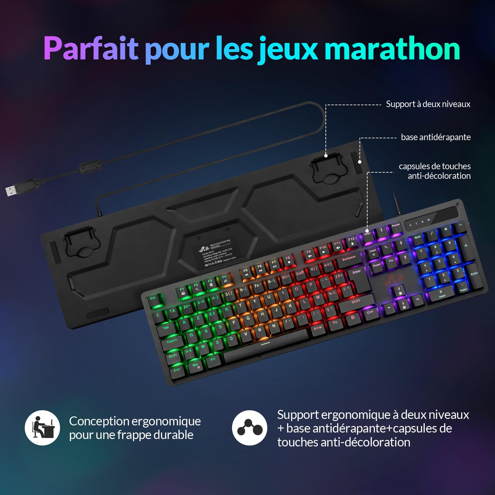 Rii Clavier Gamer AZERTY FR - USB - Clavier Filaire avec Éclairage LED | Compatible PC Gaming PS4 PS5 Mac | Noir