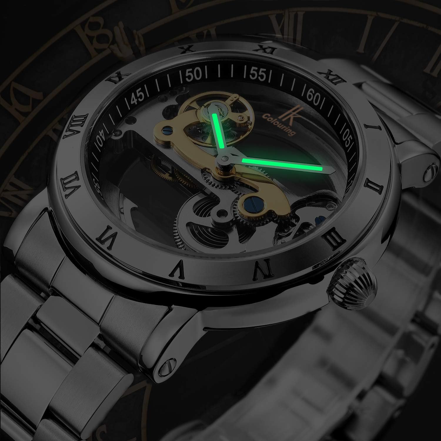 Miniatura 6 de Gute Relojes para hombre, mecánico automático automático, impermeable, transparente, transparente, transparente, steampunk, números romanos, caja