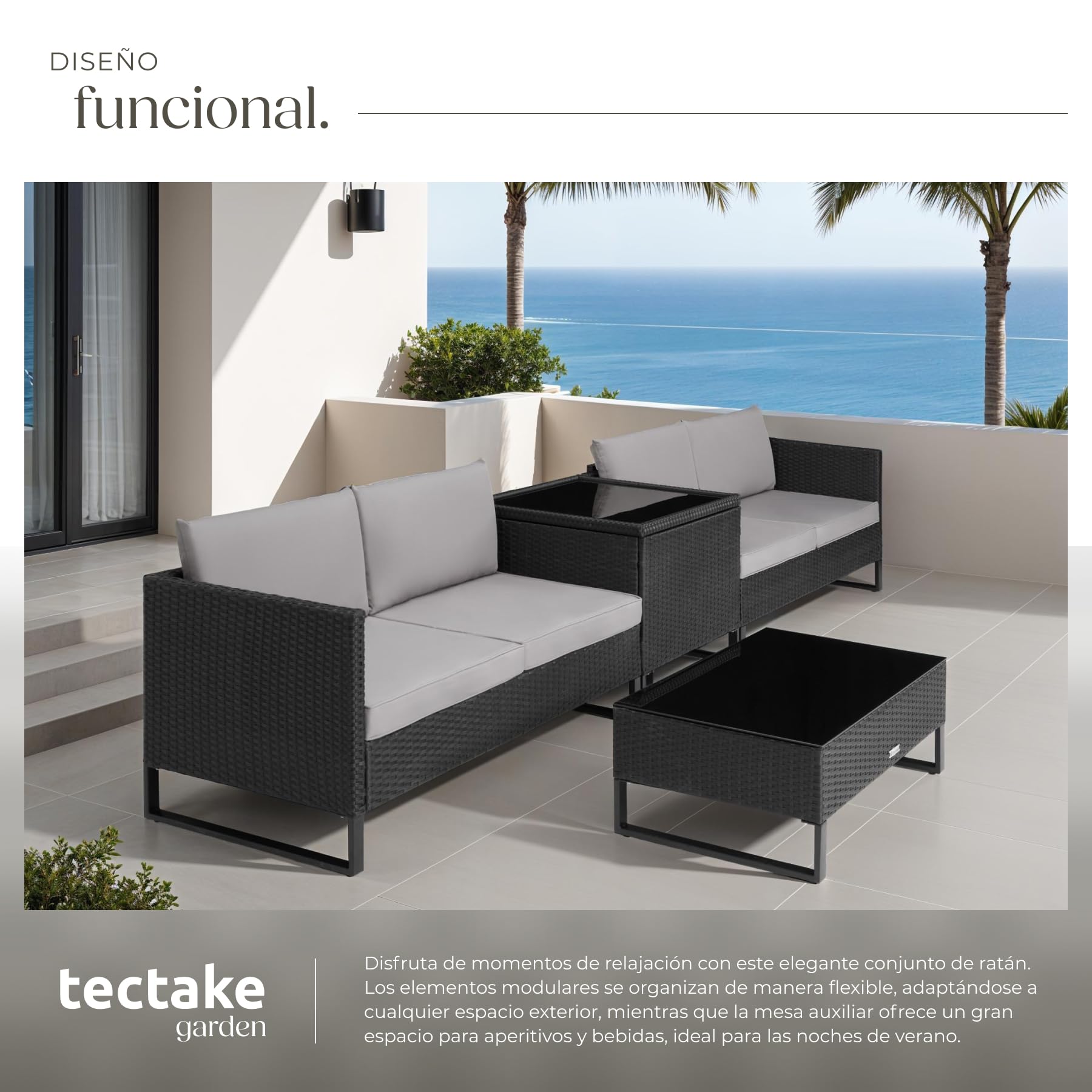 TecTake® Conjunto Jardín de Ratán con Cojines Gruesos, Muebles Jardín Exterior 2 Sofás, 1 Mesa Cristal, 1 Caja Almacenamiento, Conjunto Terraza Resistente a la Intemperie, Estructura en Acero - Negro