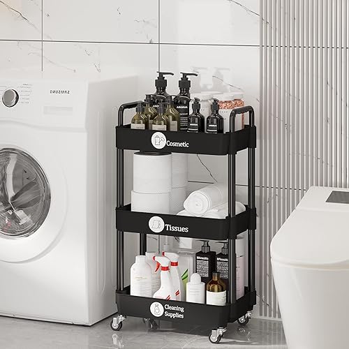 Vista 8 de Carritos de Almacenamiento de 3 Niveles Laiensia, Carrito Rodante Utilitario Multifunción Organizador de Almacenamiento de Cocina, Carrito de Negro