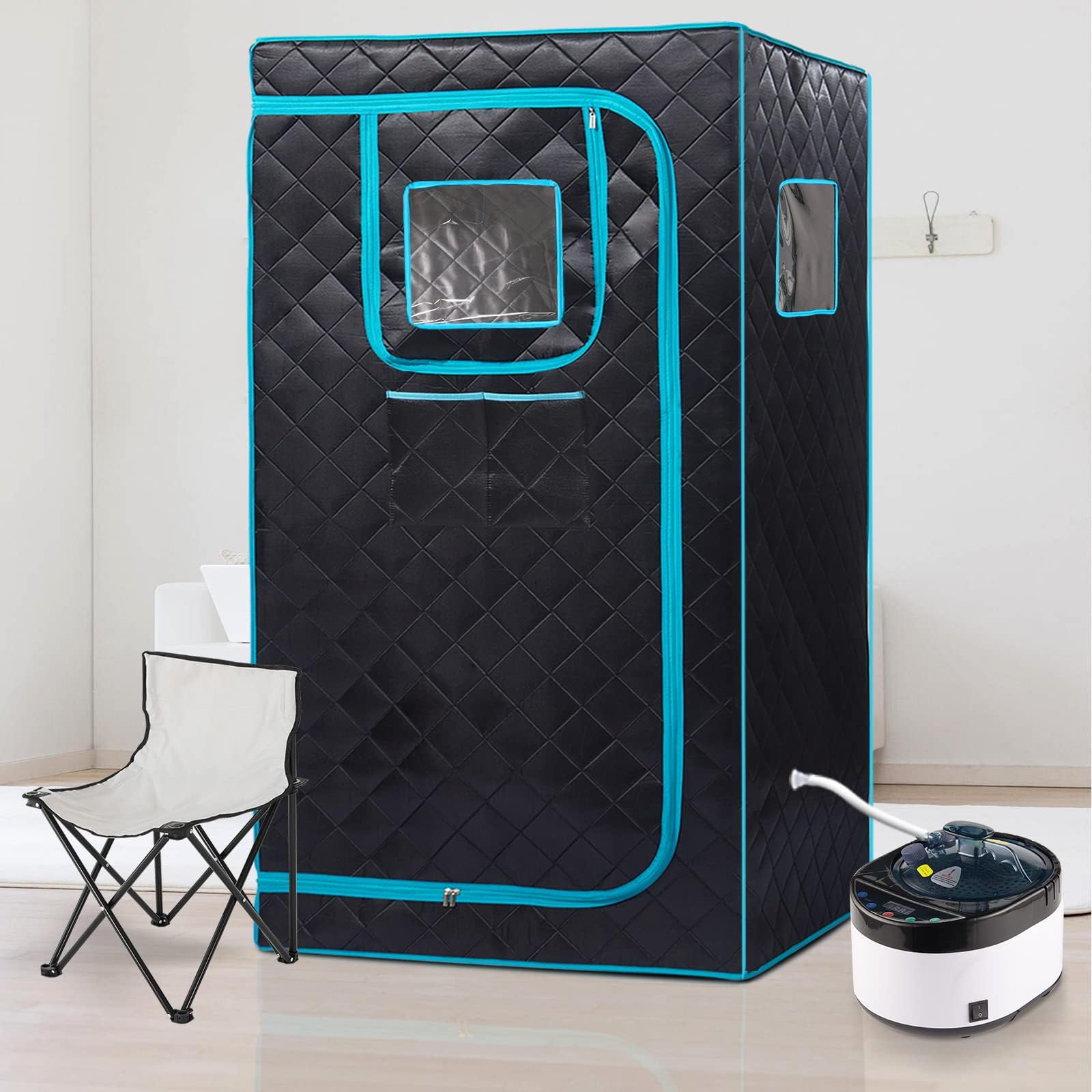 AURGOD Portable Full Size Steam Sauna Tent Kit, Single Person Sauna for Home Spa with 4L Large Steamer, Time & Temperature Remote Control, and Reinforced Foldable Chair(AS02)