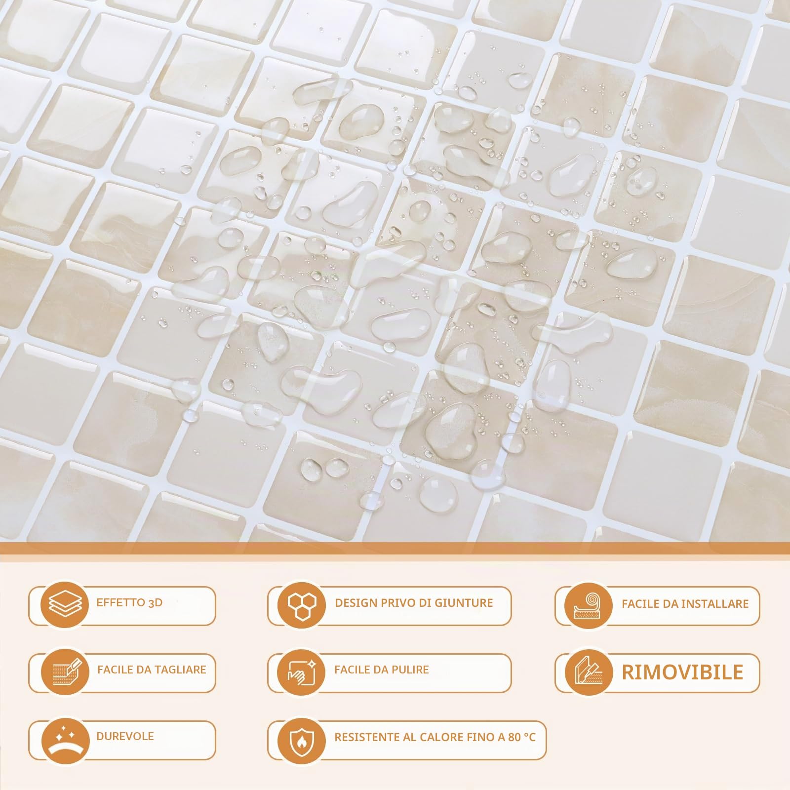 CRE8TIVE 16 Pezzi Piastrelle Adesive Marmo Mosaico Mattonelle Adesive Cucina Paraschizzi Cucina Beige Piastrelle Adesive Bagno Impermeabile Adesivi Murali 3D Mattonelle Lavanderia 30.5cm X 30.5cm