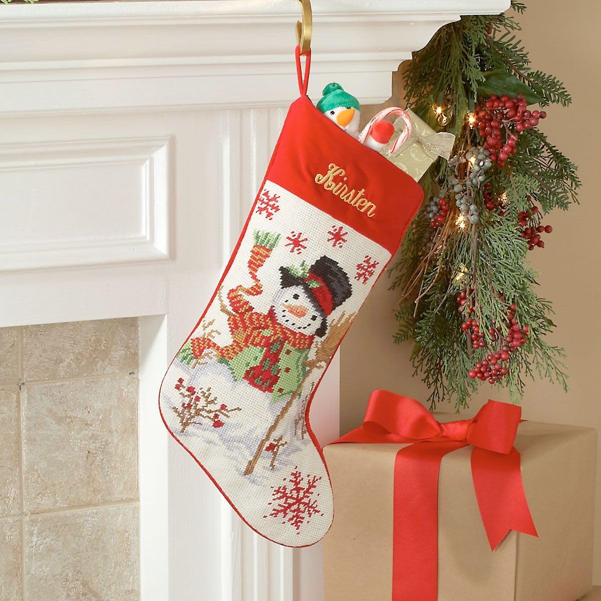 Lillian Vernon Snowman Personalized Heirloom Needlepoint Christmas Stocking, 100% Wool, 9.5" W x 17" L