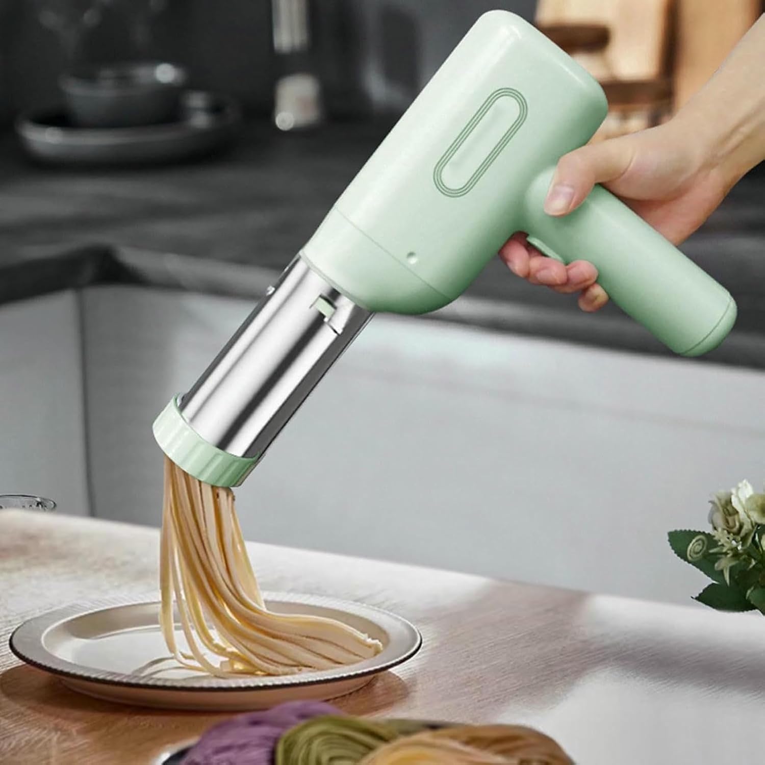 Electric Handheld Pasta Maker, 4-In-1 Cordless Noodle Machine Household Automatic Noodle Pressing Machine with 4 Shaping Molds, Easy to Operate for Home/Comercial Use
