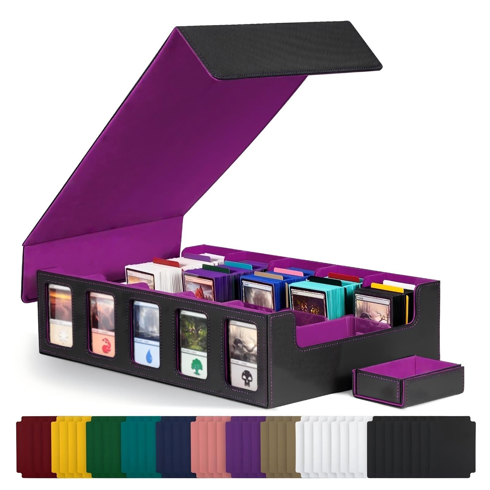 Trading Card Storage Box with Commander Display, Deck Case with Removable Lid Card Deck Box for MTG TCG with Toploaders, Stoppers, Dividers, Dice Tray (Purple, 3900+ (5 Slots)) - 3900+ (5 Slots) - Purple