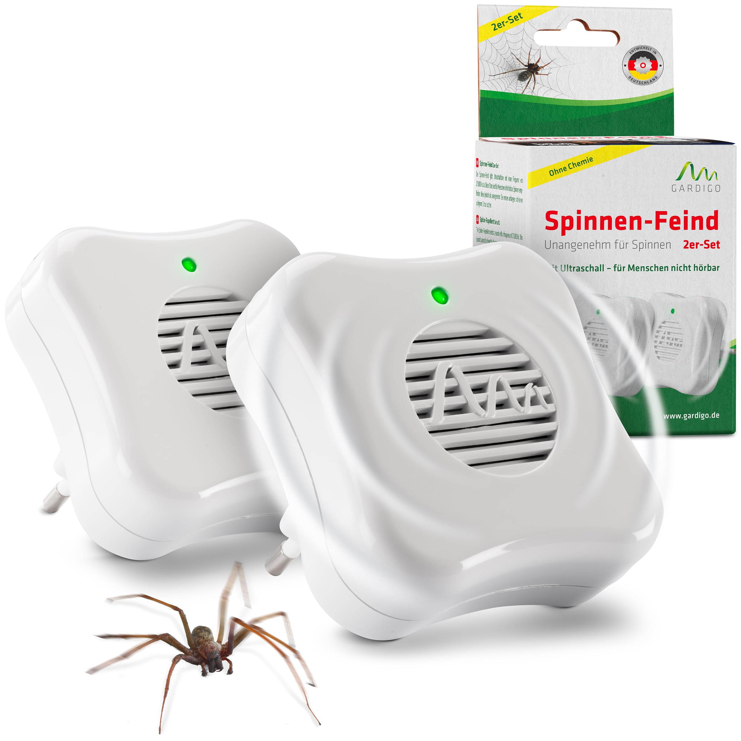 GARDIGO® Répulsif Anti-Araignée à Ultrasons – Lot de 2 – Usage Intérieur, Portée 25 m² – Anti Insectes Ultrasonique, Solution Écologique sans Produit Chimique