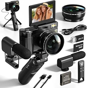 48MP Digital Cameras for Photography, 4K Video Vlogging Camera for Vloggers, Autofocus Flip Screen Cameras for Photography,Tripod Grip, Wide-Angle & Macro Lens, Mic, Batteries Black