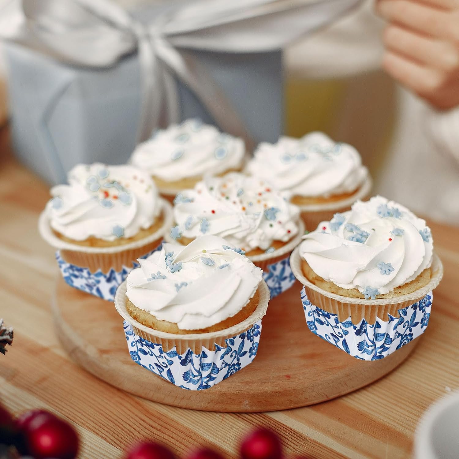 Blue Floral Mini Square Cupcake Liners Chinoiserie White Blue