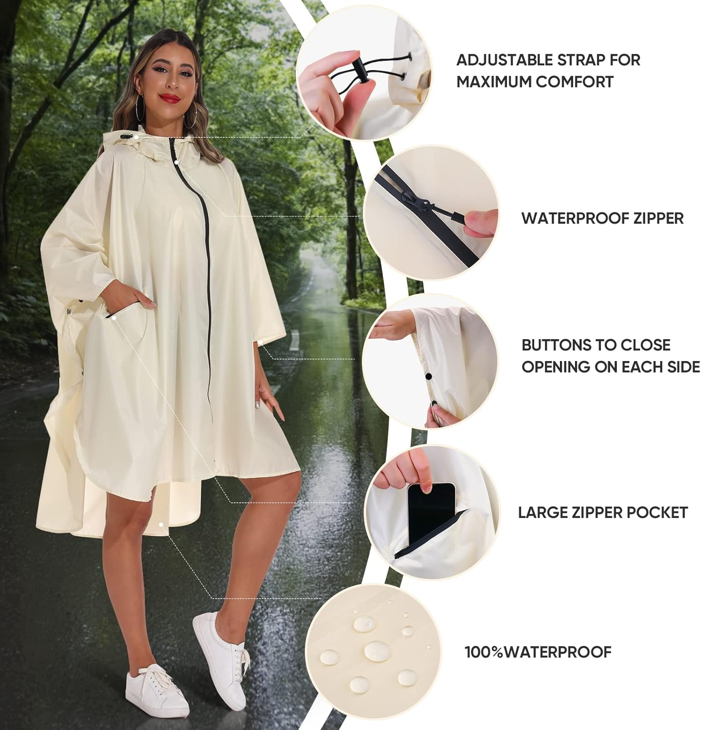 PTEROMY Hooded Rain Poncho for Adult with Pocket and Zipper, Waterproof Lightweight Raincoat for Men and Women - Image 6