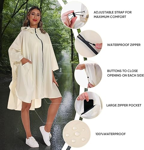 Miniatura 6 de PTEROMY Poncho de lluvia con capucha para adultos con bolsillo y cremallera, impermeable ligero para hombres y mujeres