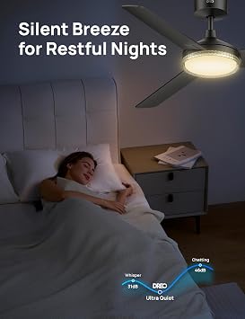 DREO Bedroom Ceiling Fan with Lights, Quiet DC Motor, 22db,Quick-Install, Powerful Airflow, 6 Speeds with Remote, Reversible, 6-Level Dimmable, 5CCT, Black,52 Indoor/Outdoor