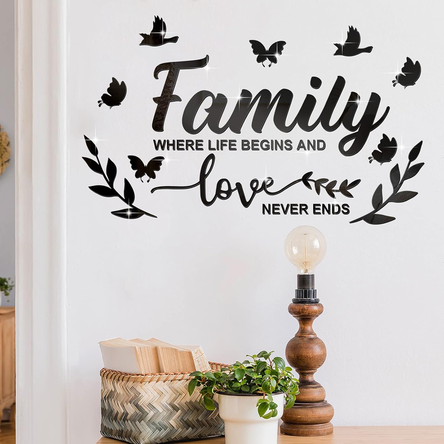 Zonon Mirror Family Wall Letter Quotes Decor 3D Acrylic Wall Decal Stickers DIY Removable Art Decals Motivational Butterfly Mural Stickers for Home Decor(Black)