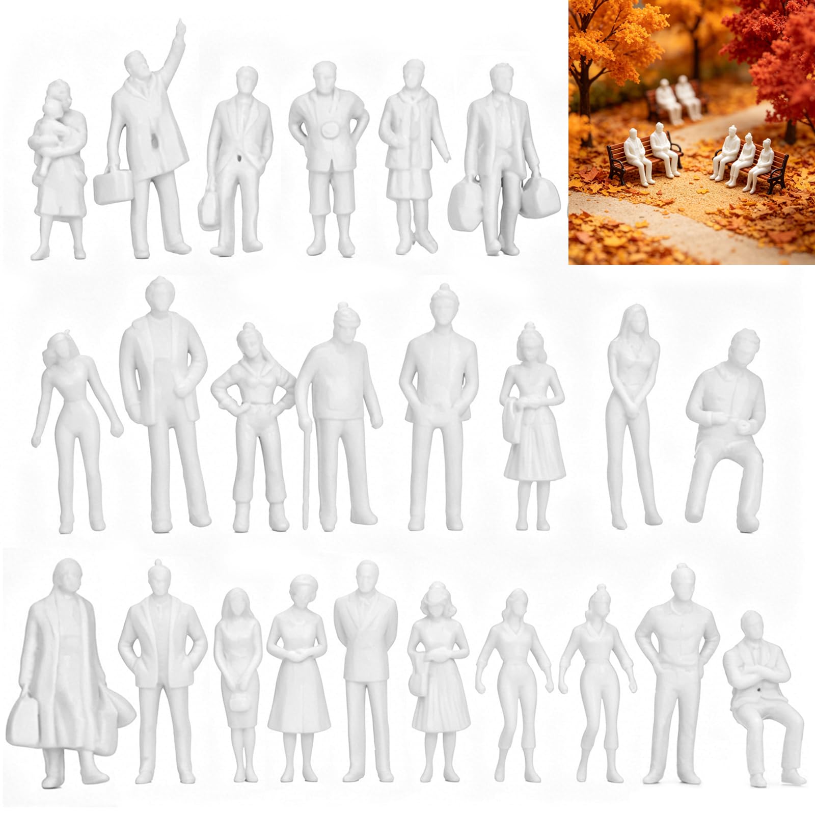 Hounyou 100 Pcs White Unpainted Mini People Figures, 1:100 Scale Miniature People Model for Model Trains Architectural Standing and Sitting Mini Diorama
