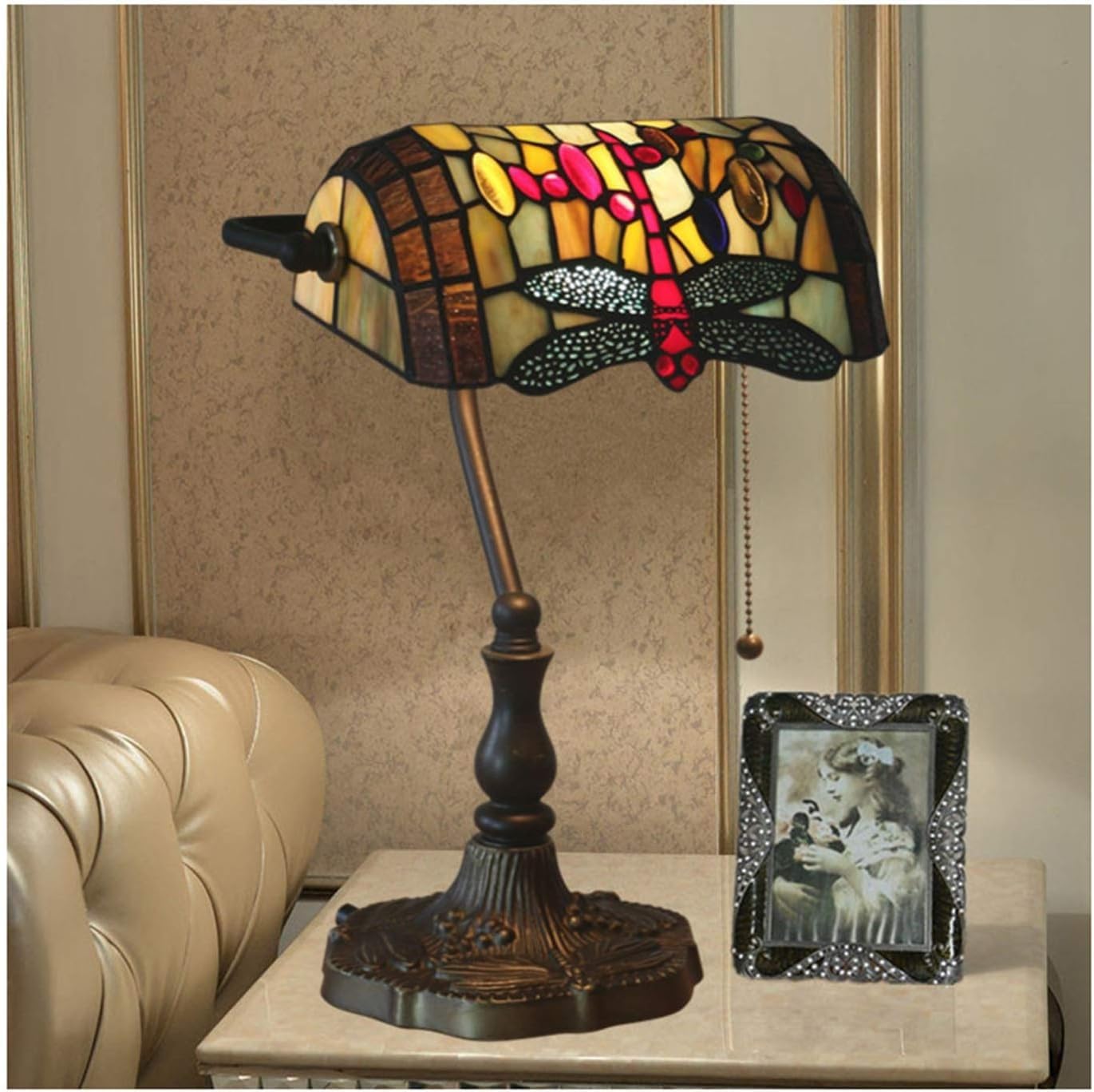 DFAEEKIYO Tiffany Style Dragonfly Pattern Banker Desk Lamp 10 Inch Glass Painting Lampshade