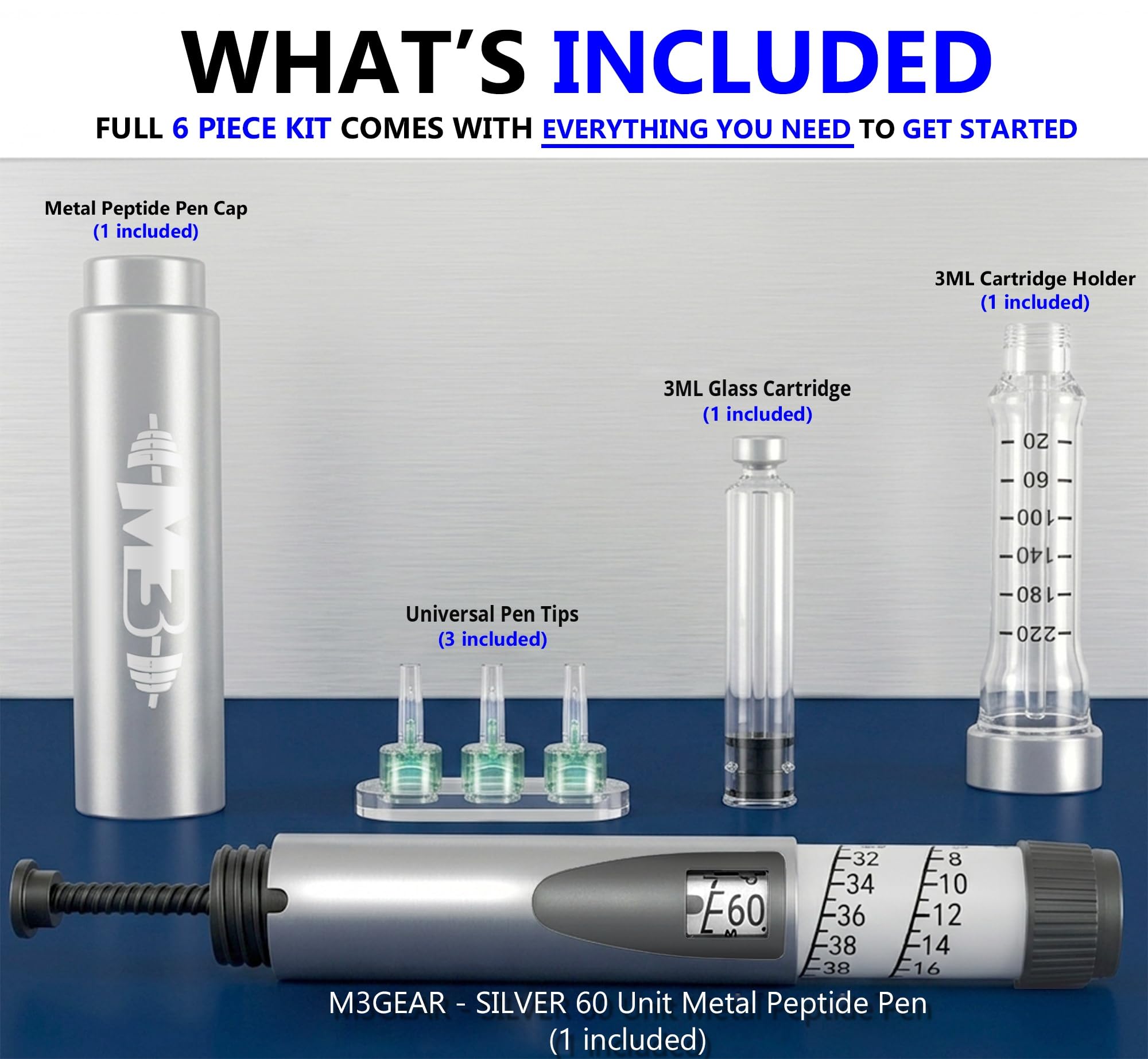 M3Gear Metal Reusable Peptide Pen Kit – 60-Unit Precision Dial, 3 mL Glass Cartridge, 3 Pen Tips & Hard Case – 6 Piece Kit (Silver) — Amazon image 3