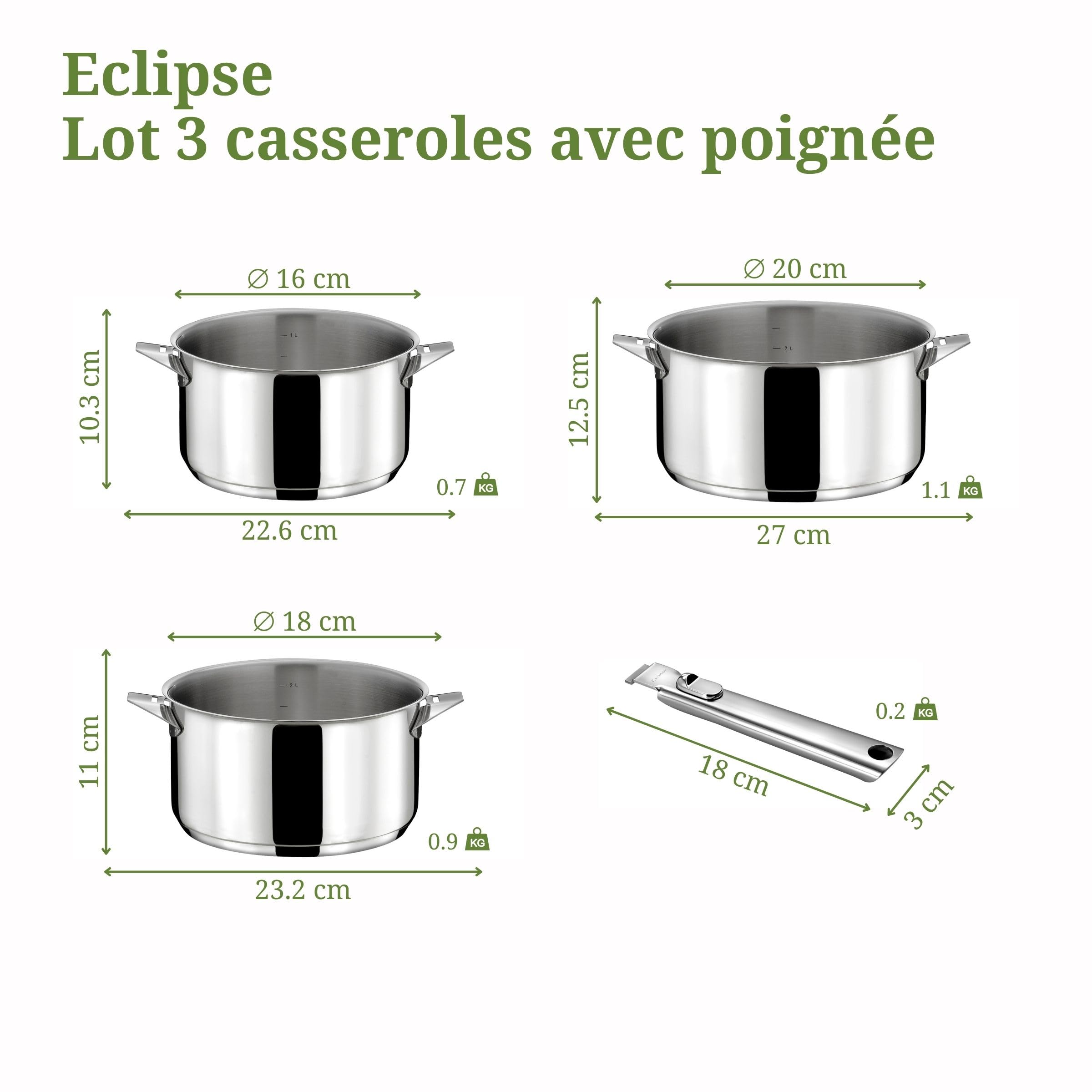 CUISINOX - Eclipse - Set cuisson et coutellerie - Casseroles 16/18/2 cm, éplucheur et couteau office - Poignée inox - Fond encapsulé - Compatible tous feux dont induction
