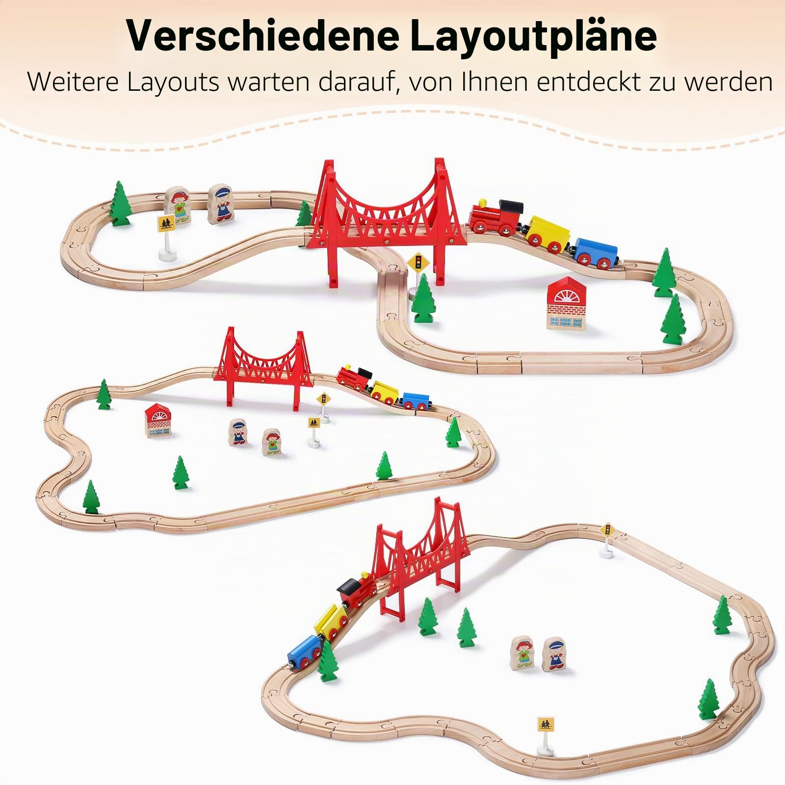 SainSmart Jr. Holzeisenbahn Set 37 Teile, Eisenbahn Starterset für Kinder ab 3 Jahren, kompatibel mit Thomas, Brio & Eichhorn, Holz Zug Set mit Brücke & Zubehör